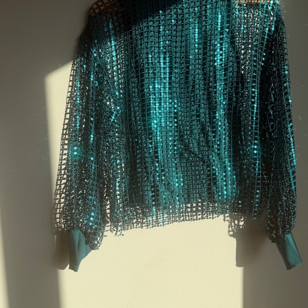 Anthropologie Pilcro Teal Sequin Lattice Long Sleeve Top - Picture 5 of 8